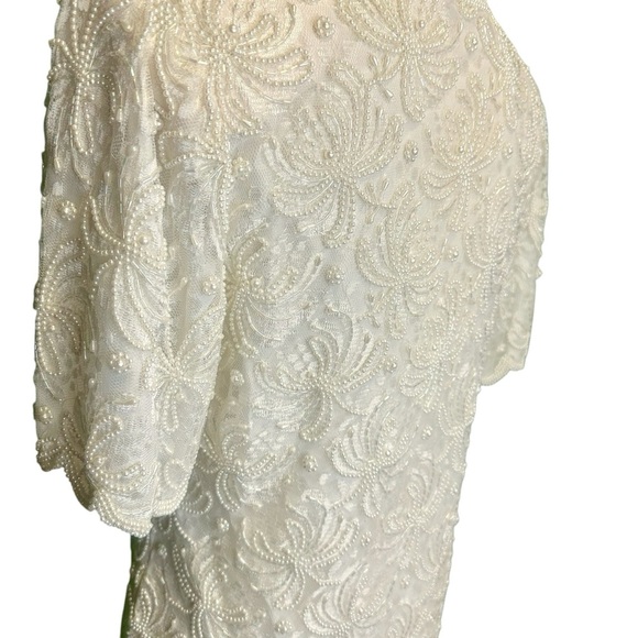 Laurence Kazar Vintage Ivory Pearl Beaded Scalloped Trim Short Sleeve Blouse MP - Picture 14 of 16